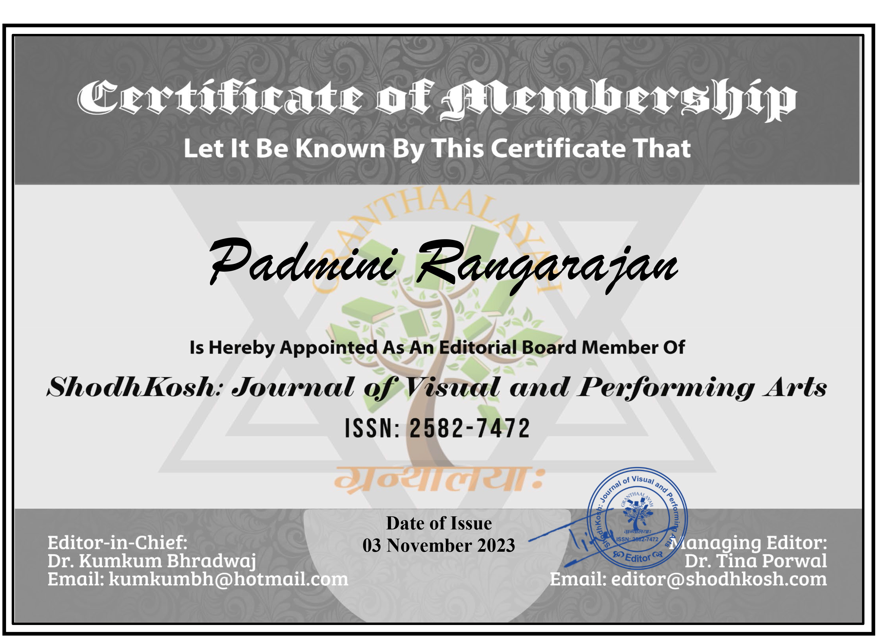 Certificate Padmini Rangarajan